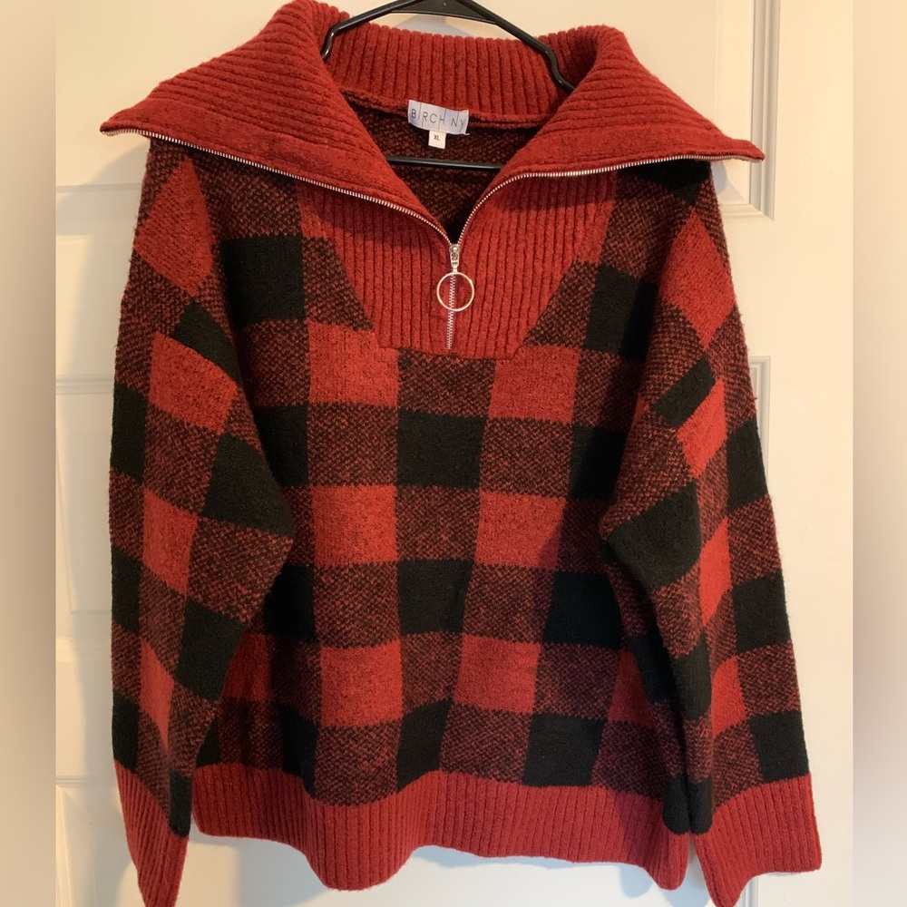 Birch NY Red Plaid Sweater with Large Collar